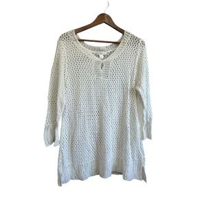 CJ Banks White Crochet Knit Tunic Top 1X 3/4 Sleeve Mesh Beach Cover Up